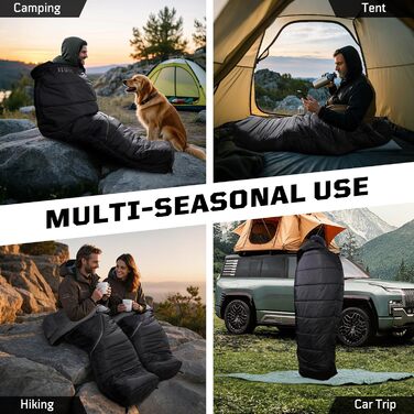 Спальний мішок Mummy Ultralight 4 сезони, військовий, вітрозахисний для кемпінгу, туризму, подорожей з капюшоном та кишенею для телефону, чорний