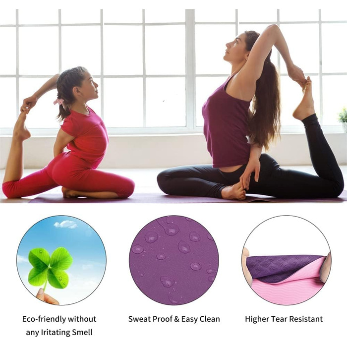 Килимок для йоги та фітнесу Narwhal, протиковзкий еко-мат з TPE для пілатесу та тренувань з ременем для перенесення, 183 x 61 x 0.6 см, лілово-рожевий