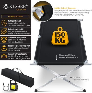 Кемпінг-ліжко KESSER® розкладне з сумкою, ліхтарем та кишенею, 190/210 см, чорне, металевий каркас, 150 кг