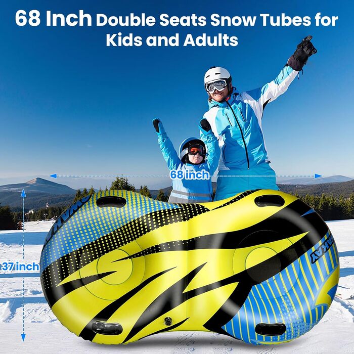 Надувний сніговий тюб з буксирувальною лінією, 47-49-68 дюймів. Міцний корпус, зносостійкий та морозостійкий матеріал. Зимовий спорт для дітей та дорослих. Подвійне сидіння 68 дюймів