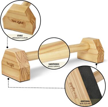 Паралелетки для віджимань Yes4All з дерева та сталі, великі бруси для віджимань та випадінь, неслизькі ручки для віджимань, обладнання для калістеніки, фітнесу та силових тренувань з власною вагою (дерев'яні паралелетки)