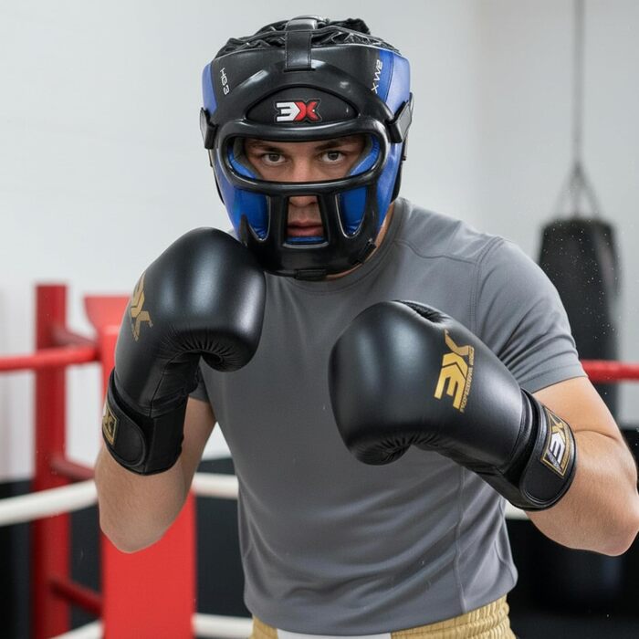 Захисний шолом 3X Sports для боксу, MMA та муай-тай із знімною решіткою, захист обличчя, носа та вух для кікбоксингу, тхвеквондо та карате (S, синій)