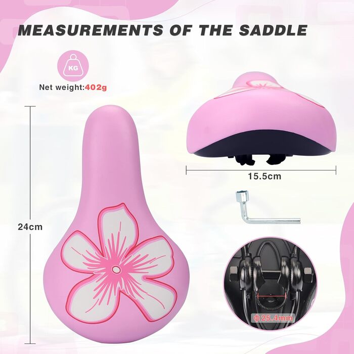 Дитячий велосипедний сідло – м'яке та водонепроникне сідло для хлопчиків/дівчаток – антиковзне покриття, широке велосипедне крісло Dual Shock для 12, 14, 16, 18, 20 дюймових гірських велосипедів, Чорний/Червоний (Великий рожевий квітка)