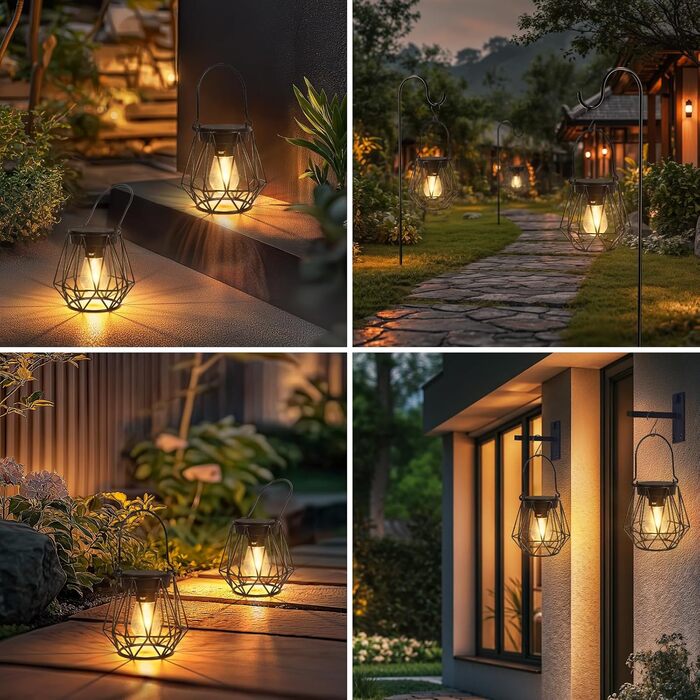 2 Сонячні ліхтарі для вулиці, підвісні, IP65, металеві, LED, для саду, патіо, кемпінгу, газону, чорні (шестикутні)