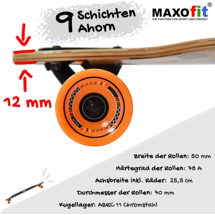 Лонгборд MAXOfit у різних дизайнах з високоякісною декою з клена/бамбука для початківців та досвідчених