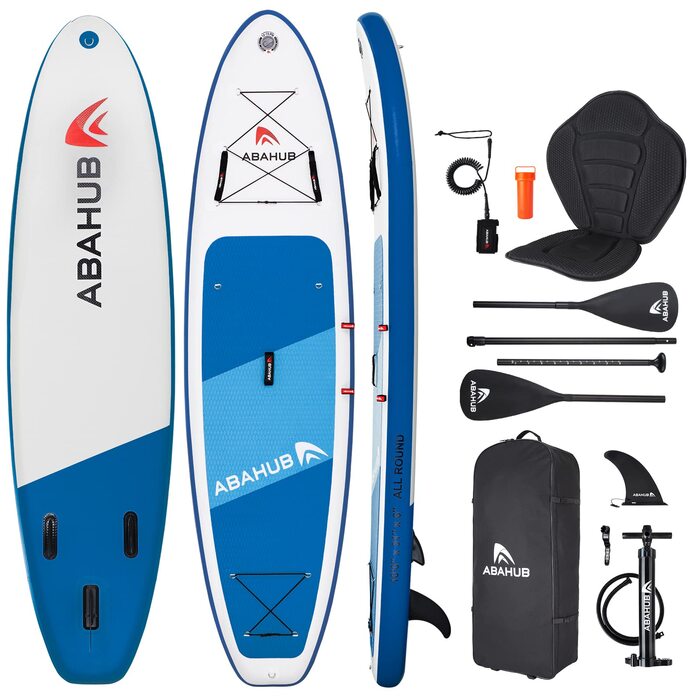 SUP дошка Abahub надувна, комплект для Stand Up Paddling (Блакитний/Зелений/Помаранчевий/Червоний), з регульованим алюмінієвим веслом та сидінням для каякінгу, 320x78/84x15 см