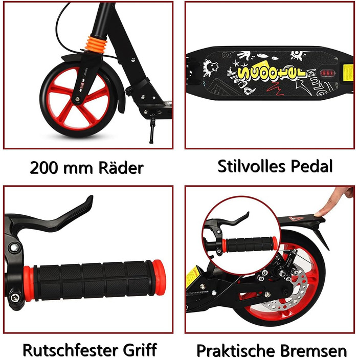 Самокат трюковий GYMAX, регульована висота, складний, з колесами 200 мм, подвійна підвіска, дзвінок та ремінь, до 100 кг, для дітей та дорослих (чорний)