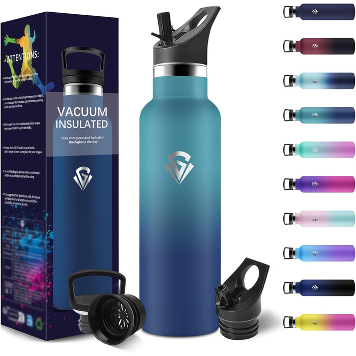 Термос-пляшка 500 мл, нержавіюча сталь, з соломкою, подвійні стінки, для води та газованих напоїв, BPA-Free, синій та темно-синій кольори