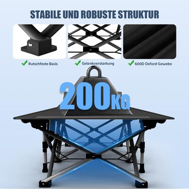 Ліжко туристичне розкладне XL з матрацом, 220 кг, 600D Oxford, сталевий каркас, для кемпінгу, саду, дому (190x78x37 см)