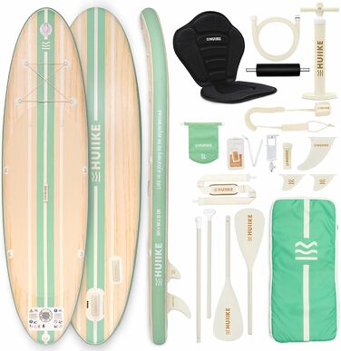 Надувний SUP-борд HUIIKE Stand Up Paddle Board з аксесуарами: весло, фіни, насос. Стабільний та міцний, 305 × 84 × 15 см, до 130 кг (Paulownia Mint - Full Pack)