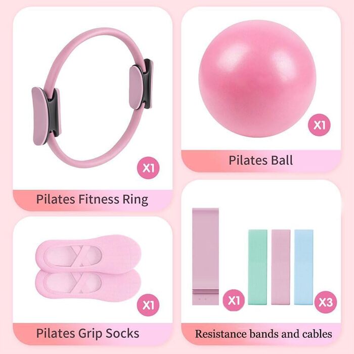 Набір для пілатесу: Magic Circle, еластичні стрічки, м'яч, шкарпетки, ролер. Тренування вдома для жінок та початківців