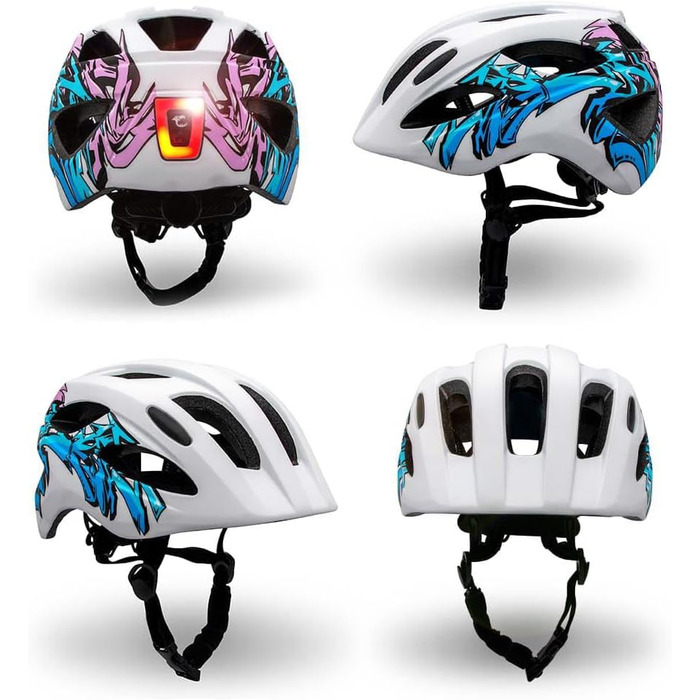 Шолом велосипедний дитячий Crazy Safety COOL S.W.A.T. 6-12 років, з USB ліхтарем, розмір M (54-58 см), біло-блакитний графіті