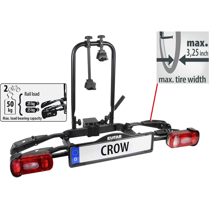 Велосипедний багажник EUFAB CROW BASIC для 2 велосипедів (E-bike), чорний, для фаркопу