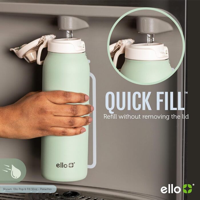 Термобутилка Ello Pop & Fill з нержавіючої сталі, швидке наповнення, подвійна вакуумна ізоляція, герметична кришка, багаторазова пляшка для води