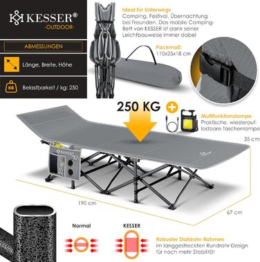Кемпінгове ліжко KESSER® з сумкою, ліхтарем та кишенею. Стабільне розкладне ліжко для відпочинку на природі, 190 см, 250 кг, сіре.