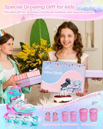 Дитячі ролики Sportneer з регулюванням 30-41, комплект з 6 захисниками та LED, рожевий, EU 34-37