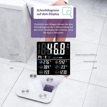 TrueLife FitScale W6 Bluetooth ваги з аналізом імпедансу, 19 показників тіла, LCD-дисплей, 8 користувачів, білий