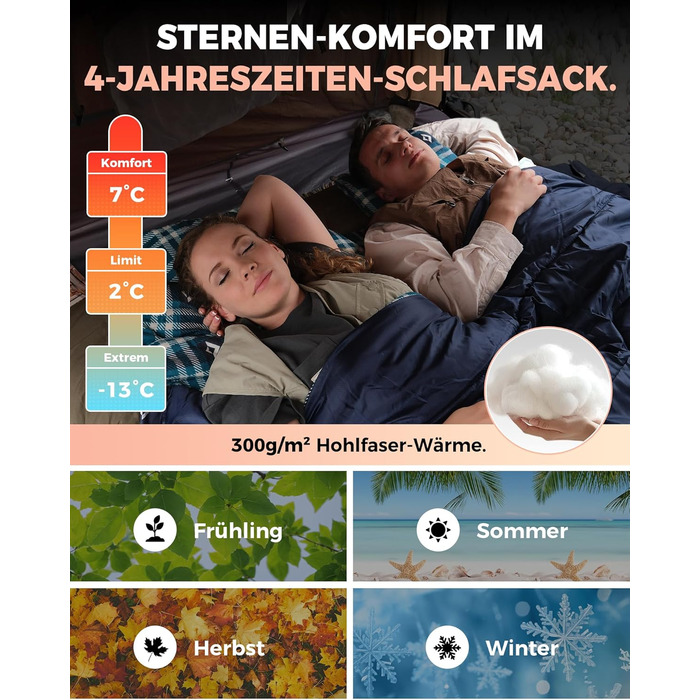 Спальний мішок KingCamp для 2 осіб з фланелі, зимовий, теплий, 3-4 сезони, з 2 подушками, для кемпінгу та відпочинку на природі, синій