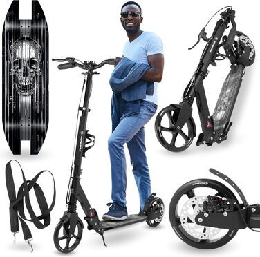 Самокат дитячий та підлітковий HyperMotion Vibe алюмінієвий, до 100 кг, складний, з регульованим кермом, колеса 200 мм, підшипники ABEC-7, чорний з дизайном черепа