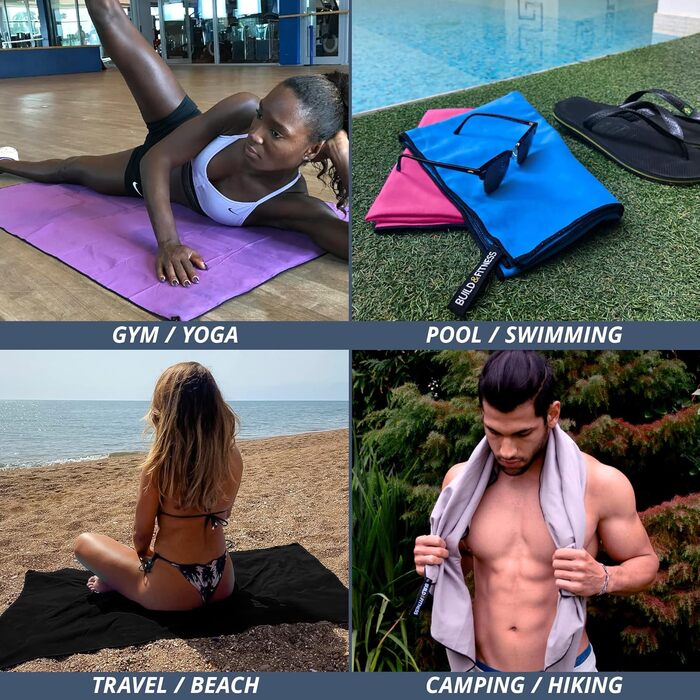 Рушник мікрофібра Build & Fitness: Швидковисихаючий, компактний, надзвичайно поглинаючий, легкий. Ідеальний для подорожей, пляжу та спорту (180x90 см, темно-синій)