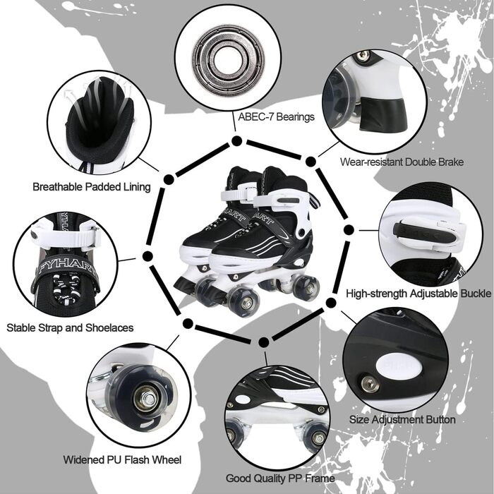 Дитячі ролики Kinder для дівчаток та хлопчиків, регульовані, з підсвічуванням, кольори: чорний та білий, розмір L (36-40 EU)