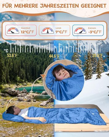 Сплячий мішок KingCamp для дітей, легкий, теплий, 3-4 сезони, для кемпінгу та піших прогулянок (Блакитний L)