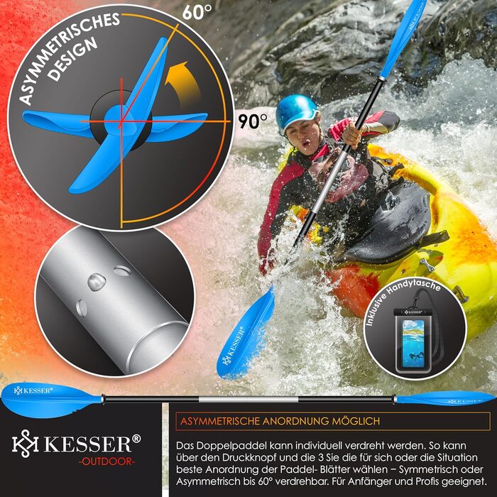 Весло KESSER® Paddle з подвійним лезом - 4 частини для каяка, SUP, стінд-ап паділбордингу, 228 см, алюміній. Включає страхувальну мотузку, чохол для телефону, дошка для серфінгу.
