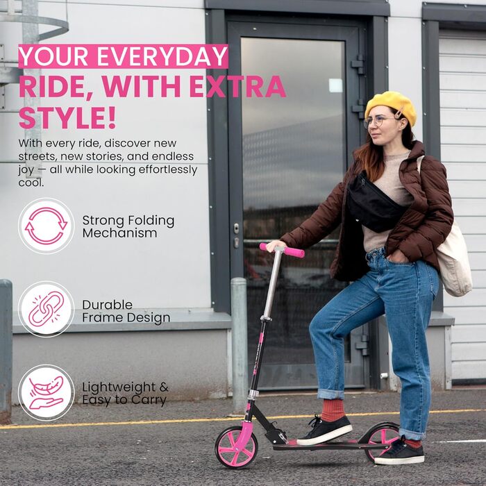 Дитячий ролер Habib Kickroller – складний, регульована висота, великі колеса, до 80 кг, для міста (рожевий)