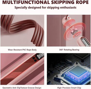 Стрибкове канат Flintronic з лічильником, регульований, з підшипниками та неслизькими ручками, інтелектуальний, з вагою, для тренувань, фітнесу, боксу, рожевий #5