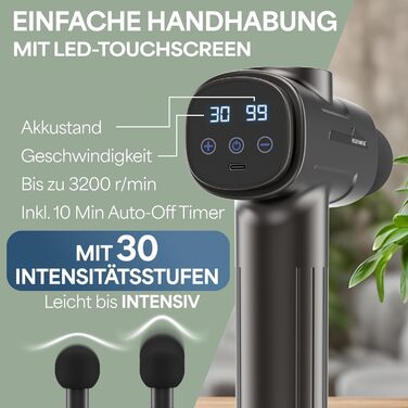 Масажний пістолет з 6 насадками, 30 режимів, USB-C, LCD, для м'язів, сірий