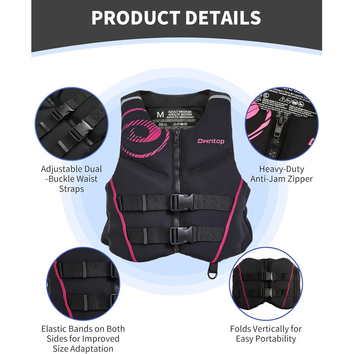 Owntop Жилет рятувальний для дорослих | Легкий неопреновий жилет | Складаний засіб плавучості з подвійними страховими ременями | Жилетка для водних видів спорту, каякінгу, риболовлі, веслування (Рожевий, L)