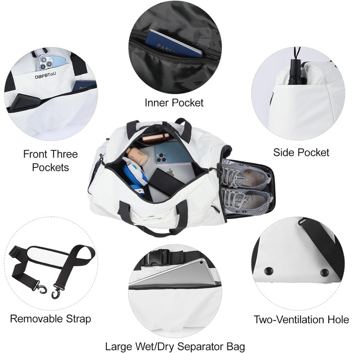 Спортивна сумка для жінок та чоловіків з жорстким матеріалом, дорожня сумка з відділенням для взуття, дві вентиляційні отвори та відділення для мокрого одягу, водонепроникна сумка-вікендер, спортивна сумка/сумка для плавання/сауни (Зелена) (Перлове білий)