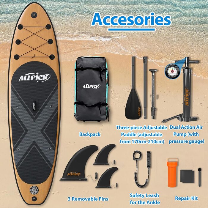 Надувна SUP-дошка ALLPICK Premium 320 см з аксесуарами, універсальним кріпленням для камери, деревне декор, для дітей і дорослих, для початківців і досвідчених, вантажопідйомність 150/180 кг