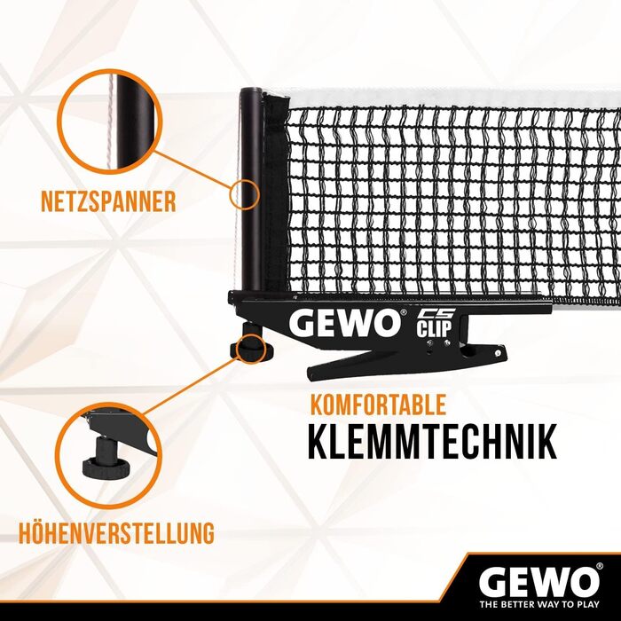 GEWO CS Clip тенісна сітка для настільного тенісу, металева конструкція з кліпсою, регулювання висоти, міцна чорна сітка 152,5 см