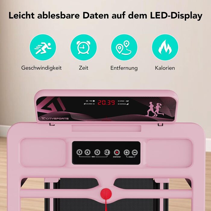 CITYSPORTS Електричний біговий тренажер, складаний, до 12 км/год, LED-дисплей, APP, тримач для планшета 360°, рожевий