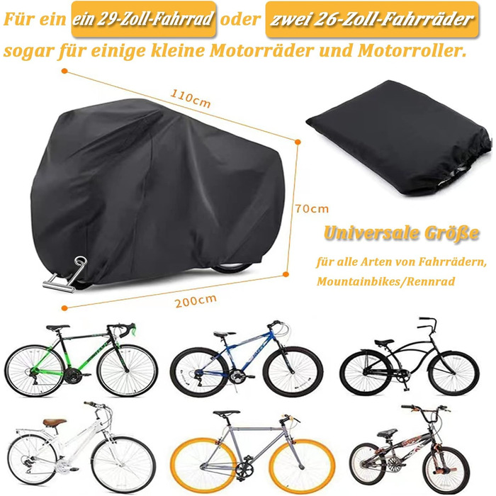 Водонепроникний чохол для велосипеда на 2 велосипеда, 200x70x110cm, 210D Oxford, захист від сонця та дощу