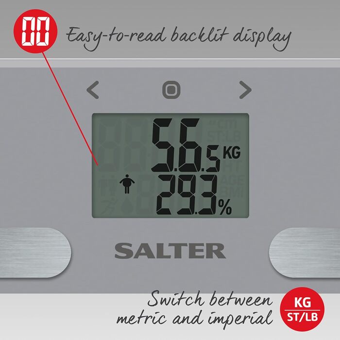 Скляна цифрова вага Salter 9194 SV3R для аналізу тіла, LCD-дисплей, до 180 кг, вимірювання жиру, води, м'язової та кісткової маси, ІМТ, BMR, 10 користувачів, спортивний режим, срібляста