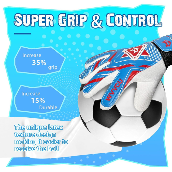Воротарські рукавички WVVOU для дітей та підлітків, футбольні, подвійний захист, супер зчеплення (Blue, 4)