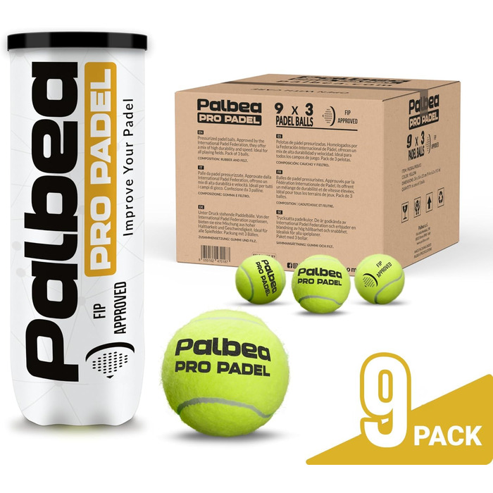Palbea PRO Padel - М'ячі для падел-тенісу, сертифіковані FIP, преміум якість. Підходять для тренувань та турнірів. 1 картон x 6/12/24 туби.