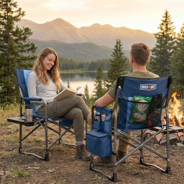 Крісло для кемпінгу OVERMONT: складне, з бічним столиком та сумкою-холодильником, до 180 кг, блакитне