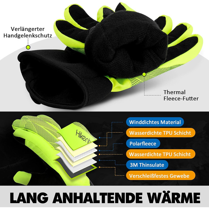 Зимові рукавички HIKENTURE: водонепроникні, для велосипеда та катання на лижах, тепла терморукавичка для чоловіків та жінок, з гелевою підкладкою, жовто-зелені, для бігу та активного відпочинку