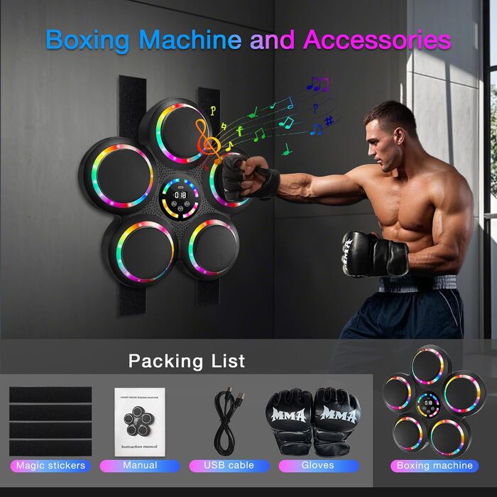 Розумна боксерська машина FOOING з Bluetooth, LED-підсвіткою та рівнями швидкості для дорослих та дітей, тренажер для зняття стресу з боксерськими рукавичками для домашніх тренувань. Інтелектуальні фітнес-пристрої (багатокольорове світло)