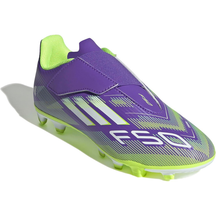 Дитячі футбольні бутси Adidas F50 Club Hook and Loop для гри на твердих та універсальних покриттях, розмір 35 EU, фіолетовий/білий/лимонний колір