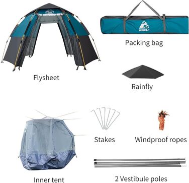 Намет для кемпінгу HEWOLF Pop Up 2-4 особи з тамбуром, Ultralight, сімейний, швидкорозкладний, армійний зелений