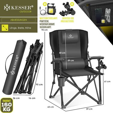 Крісло для кемпінгу KESSER® розкладне, до 160 кг | Рибальське крісло, з підлокітниками, кишенею для напоїв та світлом | Зручне крісло для пляжу та відпочинку на природі (Антрацит/Чорний)