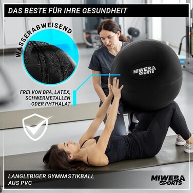 Гімнастичний м’яч Miweba Sports GB-100, 65 см, до 400 кг, чорний, PVC, ергономічний фітнесбол для тренувань, офісу та сидіння