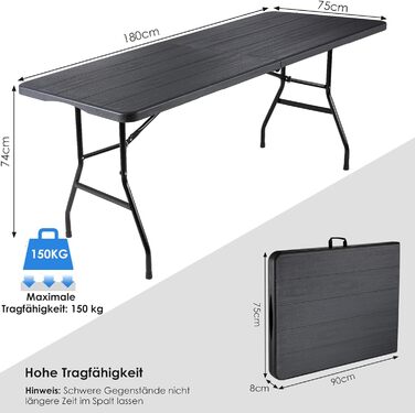 Складний садовий стіл LIFERUN 180x75 см, дерев'яний вигляд, до 150 кг, для тераси, балкона, кемпінгу, сірого кольору