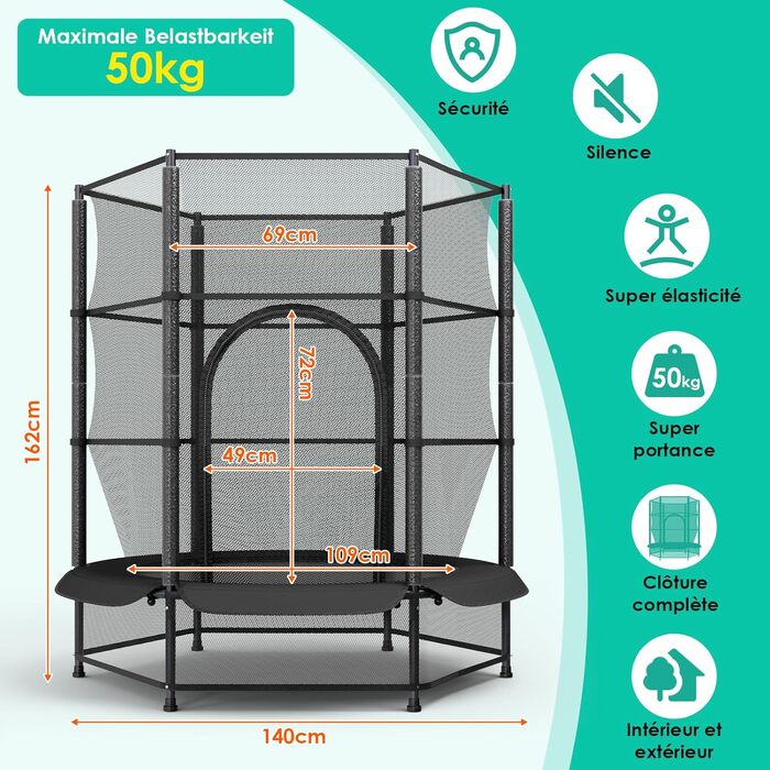 Батут для дітей LIFERUN Ø140 см з сіткою безпеки, для саду та дому, до 50 кг, чорний