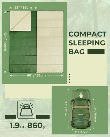 Сплячий мішок Ohuhu, компактний та ультралегкий (900г), літній, ковдровий, для дому та відпочинку на природі, кемпінгу, подорожей та фестивалів (зелений)