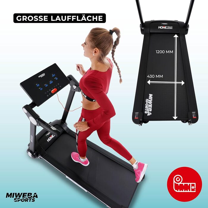 Електрична бігова доріжка Miweba Sports HT3000, 3,5 к.с., 16 км/год, нахил до 15%, навантаження 120 кг, з додатком, складана, велика бігова поверхня, 12 програм, для дому